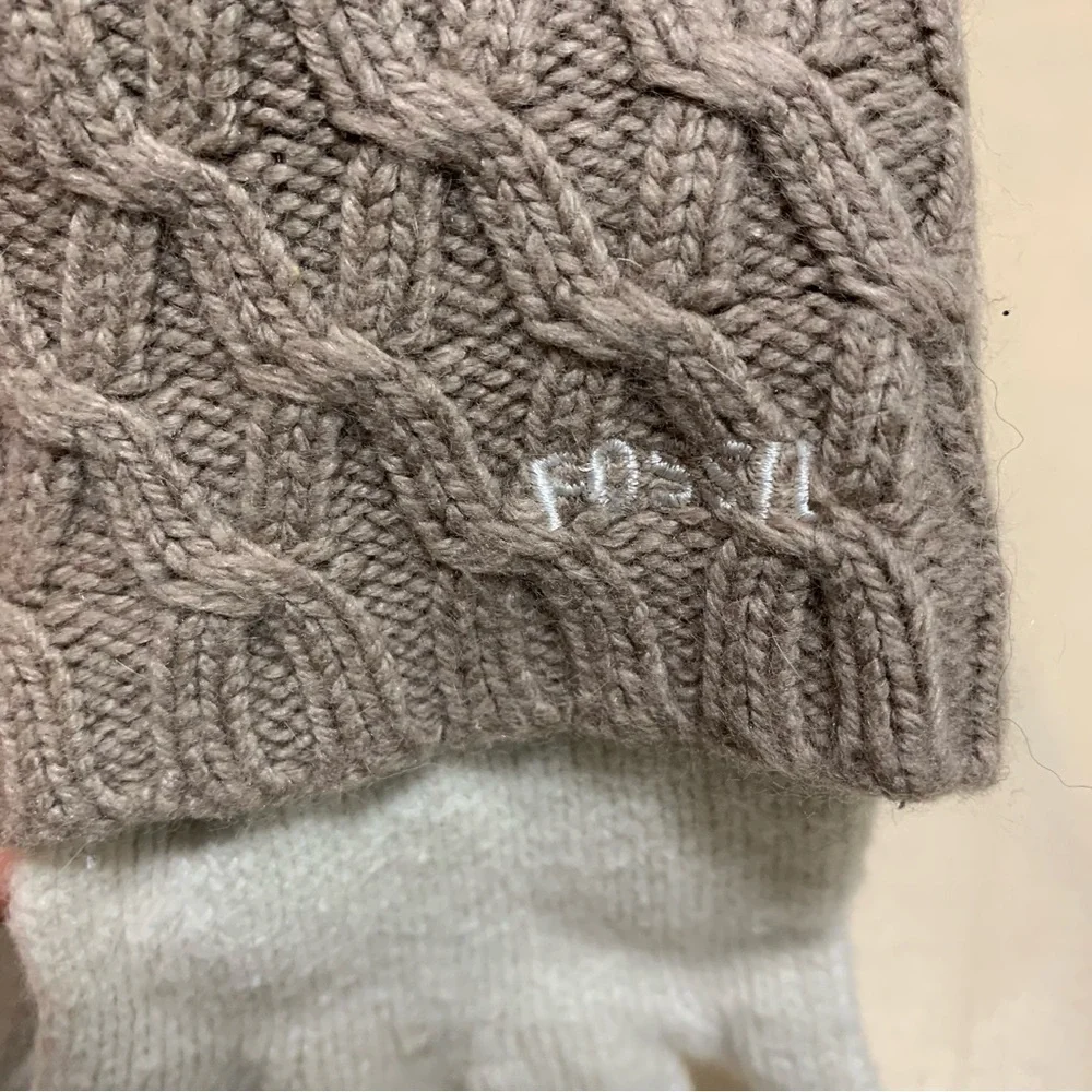 Fossil Tan & Cream Cable Knit Stretch Long Gloves Winter Fashion Dainty Womens